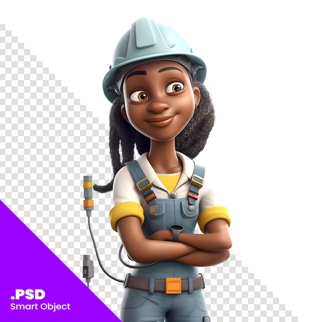 PSD 3d-illustration einer afroamerikanischen weiblichen bauarbeiter-figur psd-vorlage