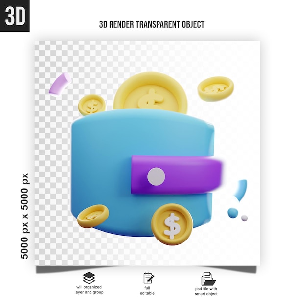 3D-Illustration einer Brieftasche mit Dollar-Münzen und Dollar-Banknoten-Iconen