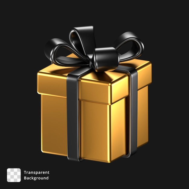 PSD 3d-illustration einer goldenen geschenkkiste mit schwarzen bogenverstärkerbändern