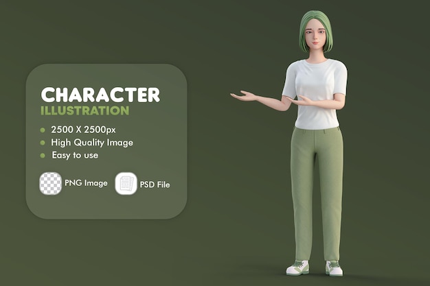 3D-Illustration einer süßen Gelegenheitsfrau, die sich auf der rechten Seite präsentiert, verwenden Sie beide Hände