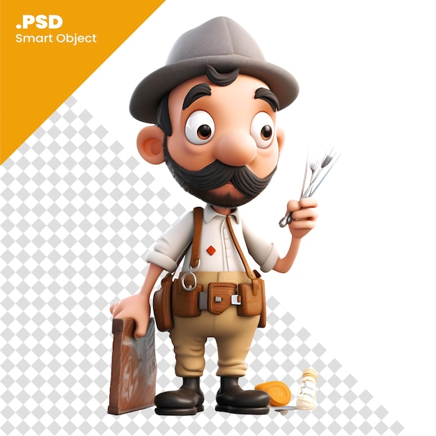 PSD 3d-illustration einer zeichentrickfigur mit toolsisoliertem weißem hintergrund psd-vorlage