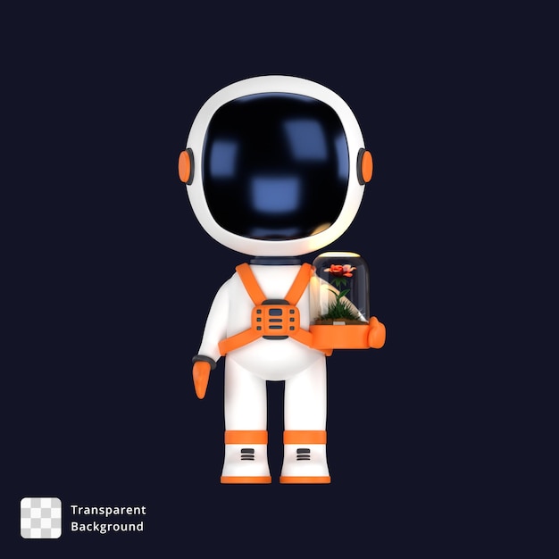 3D-Illustration eines Astronauten, der einen Blumentopf hält