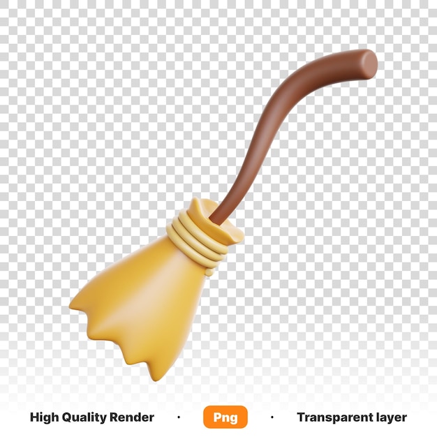 3D-Illustration eines Bildes eines hölzernen magischen Hexenbesens auf durchsichtigem Hintergrund