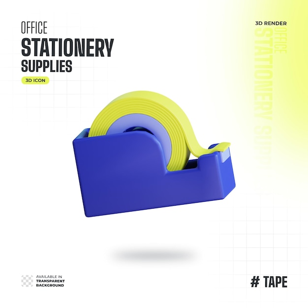 3D-Illustration eines blauen Büro-Tape-Dispensers mit gelbem Band Perfekt für Büroversorgungsvisuelle