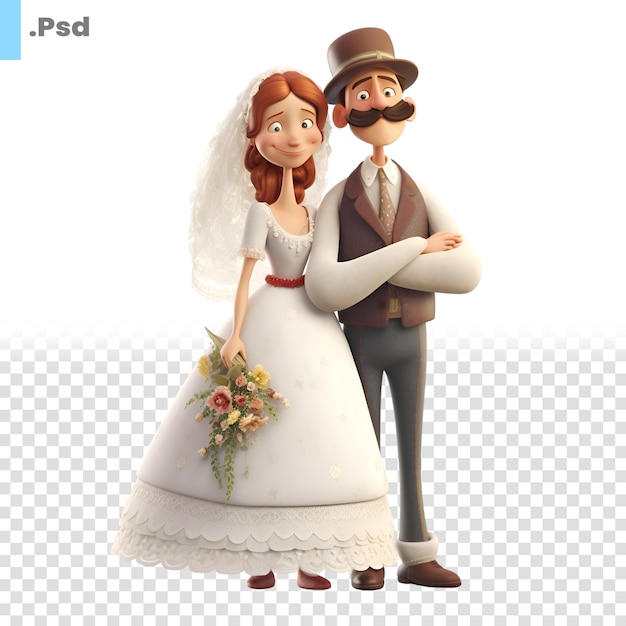 3d-illustration eines braut- und bräutigams, die zusammen auf weißem hintergrund auf einer psd-vorlage stehen