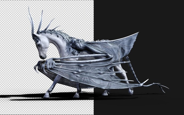 PSD 3d-illustration eines fantasiepferdes, das auf schwarzem hintergrund mit abschnittspfad isoliert ist.