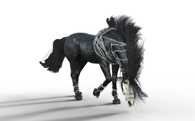 3d-Illustration eines fantasievollen schwarzen Pferdes, isoliert auf grünem Bildschirmhintergrund