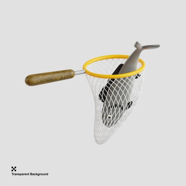3D-Illustration eines Fischernetzes, das Meeresfrüchte fängt