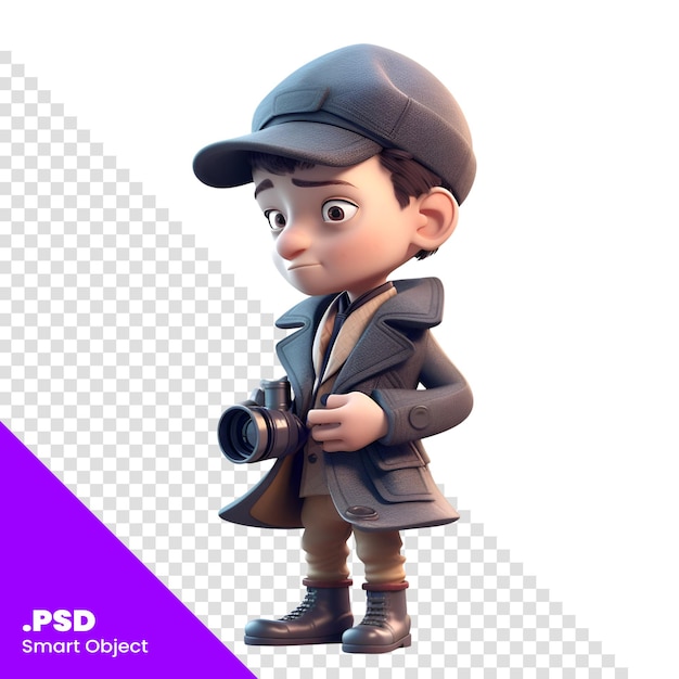 3d-illustration eines jungen, der als detektiv gekleidet ist, mit einer kamera-psd-vorlage