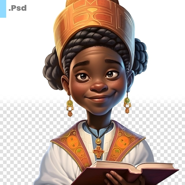 PSD 3d-illustration eines kleinen afroamerikanischen mädchens, das ein buch liest psd-vorlage