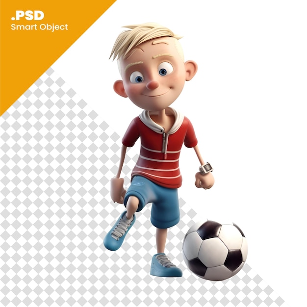 PSD 3d-illustration eines kleinen jungen, der fußball spielt, isoliert auf weißem hintergrund psd-vorlage