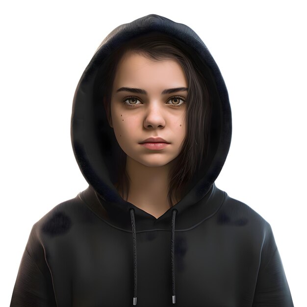 PSD 3d-illustration eines mädchens in einem schwarzen hoodie auf weißem hintergrund