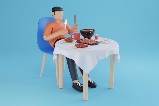PSD 3d-illustration eines mannes, der mit essstäbchen, gegrillten hühnersuppeneiern und würstchen zu mittag isst