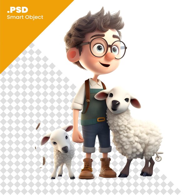 PSD 3d-illustration eines niedlichen cartoon-jungen mit schafen; isolierter weißer hintergrund psd-vorlage