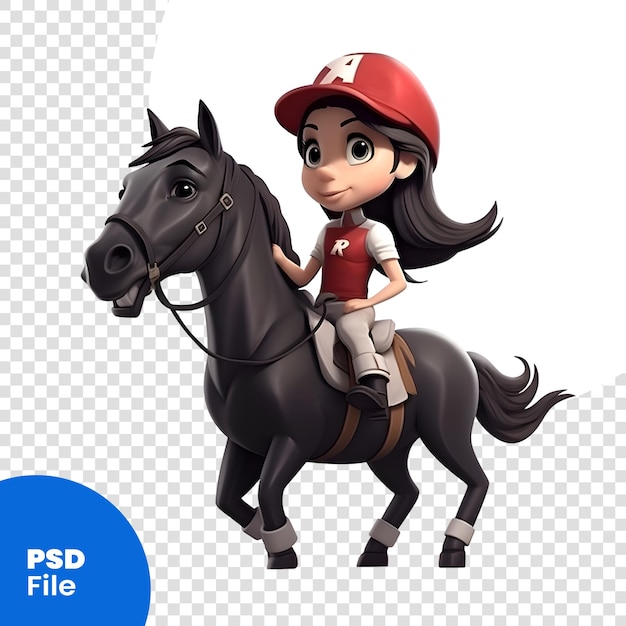 PSD 3d-illustration eines niedlichen cartoon-mädchens, das mit einem helm auf einem pferd reitet