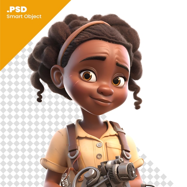 PSD 3d-illustration eines niedlichen kleinen afroamerikanischen mädchens, das eine militäruniform trägt