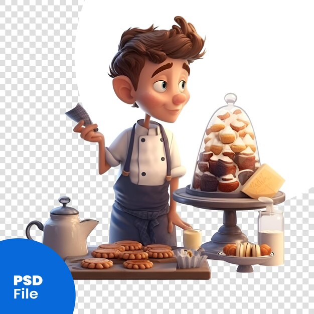 PSD 3d-illustration eines niedlichen kleinen jungen, der in einer bäckerei psd-vorlage kocht