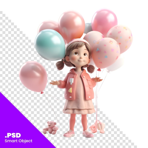 3d-illustration eines niedlichen kleinen mädchens mit ballons und teddybären psd-vorlage