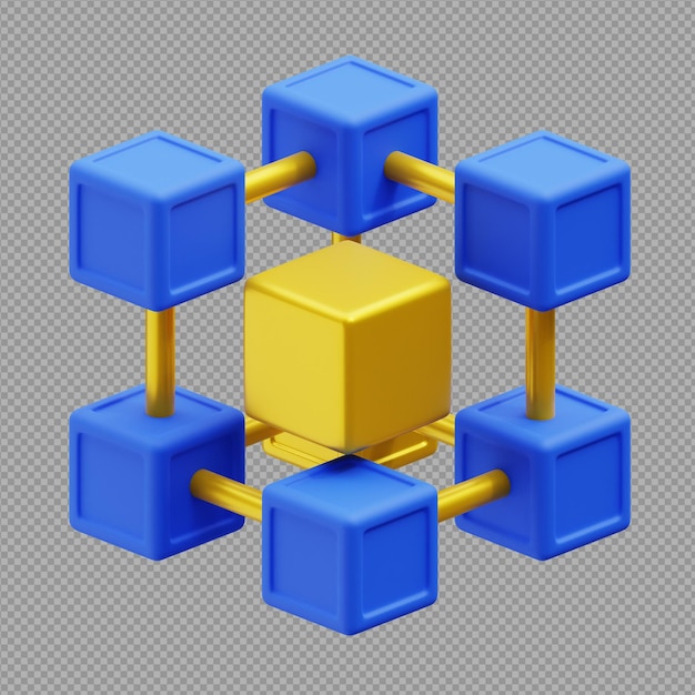 3D-Illustration eines physikalischen Elements gelber Würfel mit einem gelben Kasten auf transparentem Hintergrund