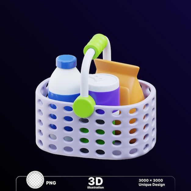 PSD 3d-illustration eines plastikkorbs mit haushygiene-reinigungsflaschen auf durchsichtigem hintergrund