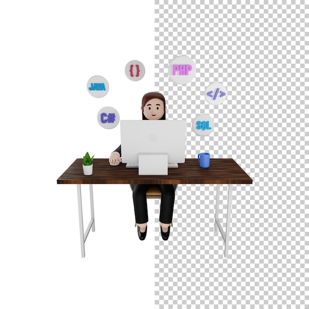 3D-Illustration eines Programmierers, der an einem Computer mit durchsichtigem Hintergrund arbeitet