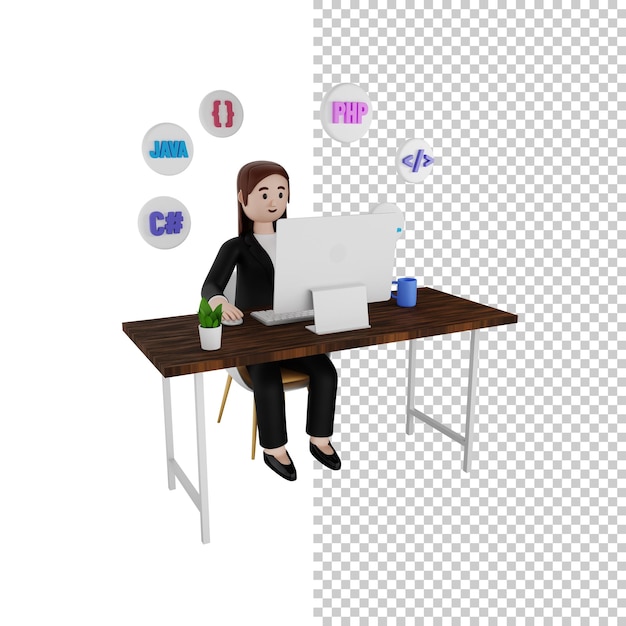 3D-Illustration eines Programmierers, der an einem Computer mit durchsichtigem Hintergrund arbeitet