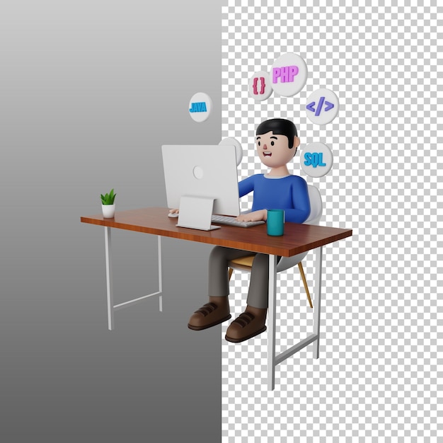 3D-Illustration eines Programmierers, der an einem Computer mit durchsichtigem Hintergrund arbeitet