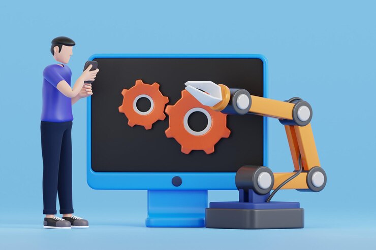 PSD 3d-illustration eines roboterarms, der von einem roboteringenieur inspiziert und gesteuert wird