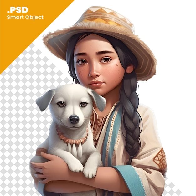 3d-illustration eines schönen mädchens mit einem hund in einem hut psd-vorlage