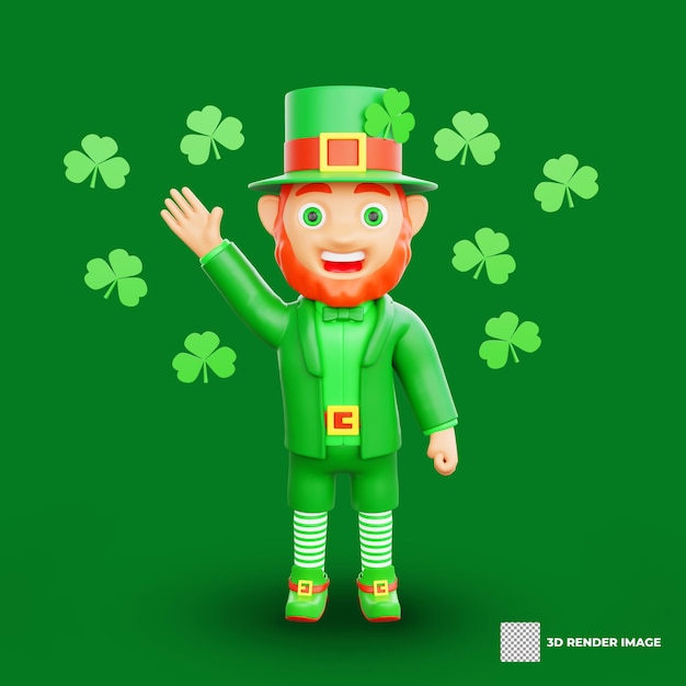 3D-Illustration eines St. Patrick's Day-Charakters, der von Kleeblättern umgeben und winkt