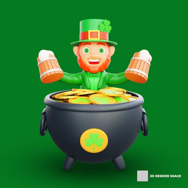3D-Illustration eines St. Patrick's Day-Charakters, der zwei Holzbecher Bier hält