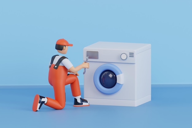 3d-illustration eines technikers, der zu hause eine waschmaschine repariert