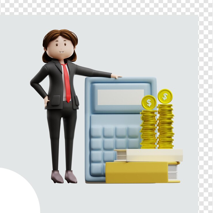 PSD 3d illustration female tax accountant with money