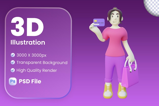 3d illustration de femme shopping avec carte de crédit
