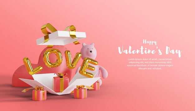 3d Illustration De Fond Joyeux Saint Valentin Avec Boîte-cadeau Et Poupée