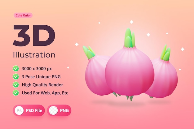PSD 3d-illustration gemüse, rote zwiebel verwendet für print, web, app, infografik usw