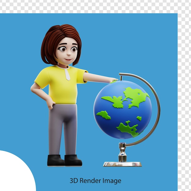 3d illustration girl student with globe