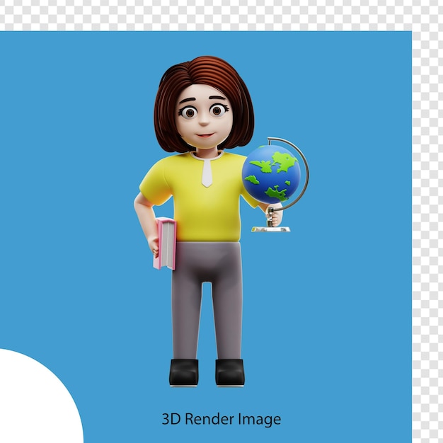 3d illustration girl student with globe