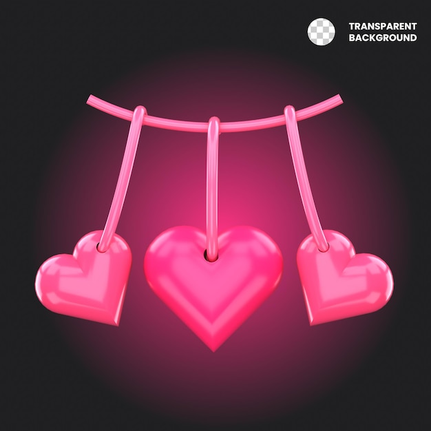 3d illustration Hanging Pink Hearts for Valentines Day