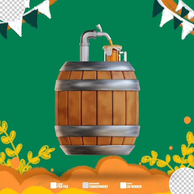 3D-Illustration Holzfass mit einer Bierflasche 5