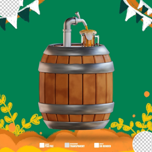 3D-Illustration Holzfass mit einer Bierflasche 6