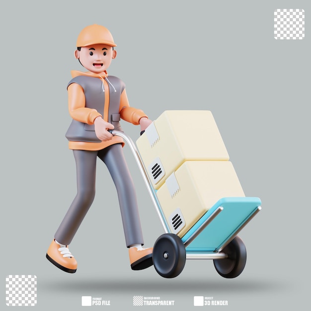 3D-Illustration Kurier schiebt den Wagen