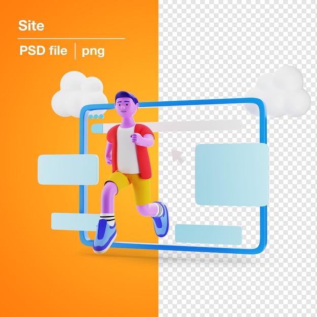 3d-illustration mann verlässt die website wireframe für smm poster png psd kostenlos