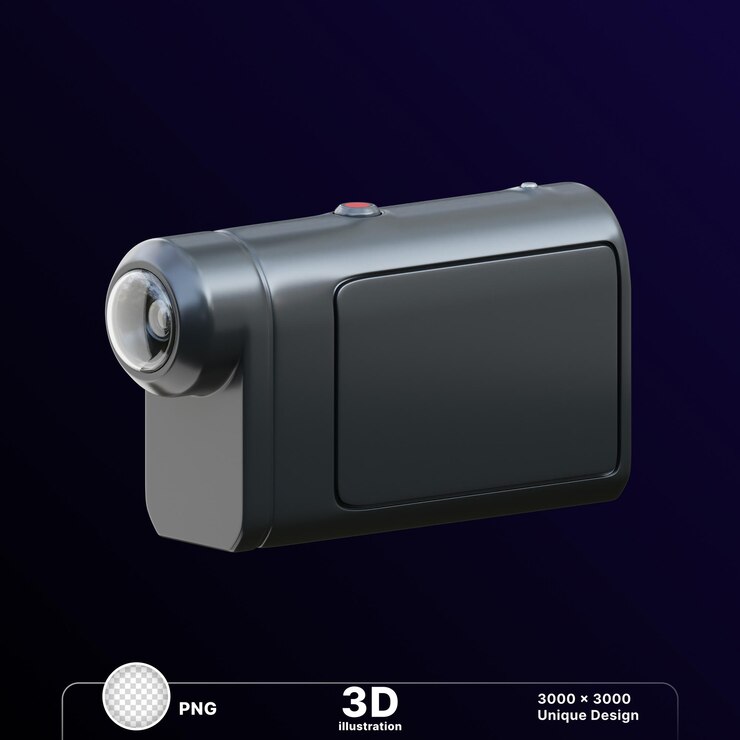 PSD 3d illustration of a digital camera with a lens cover battery in transparent background