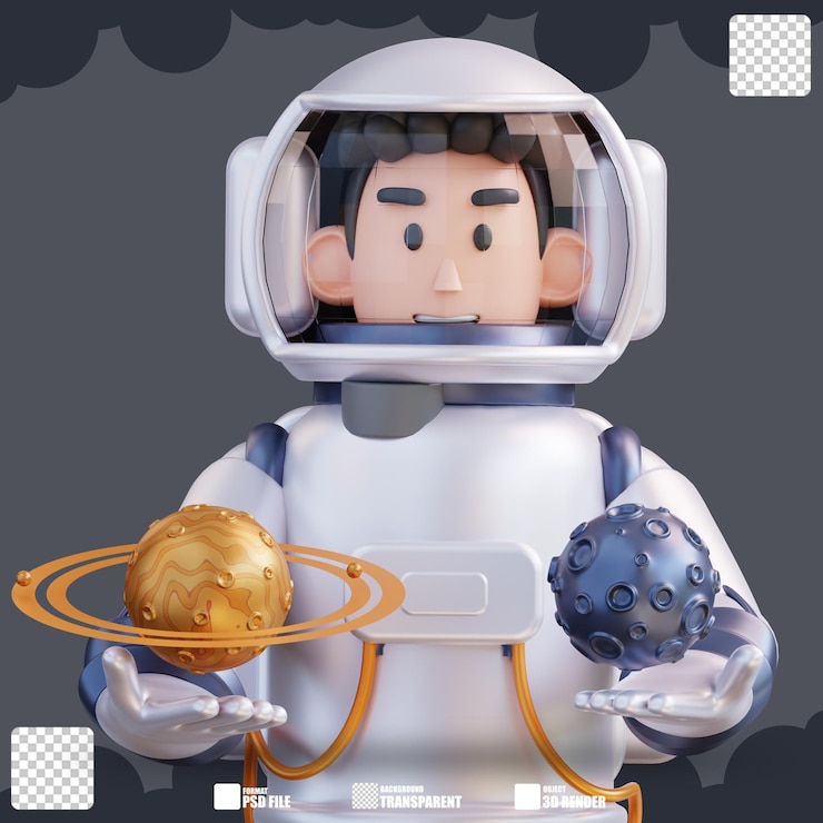 PSD 3d illustration of astronaut holding moon and saturn 3
