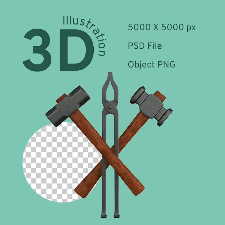 PSD 3d illustration of blacksmith tools hammers and tongs
