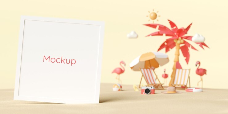3d illustration of blank photo mockup on the beach with summer background