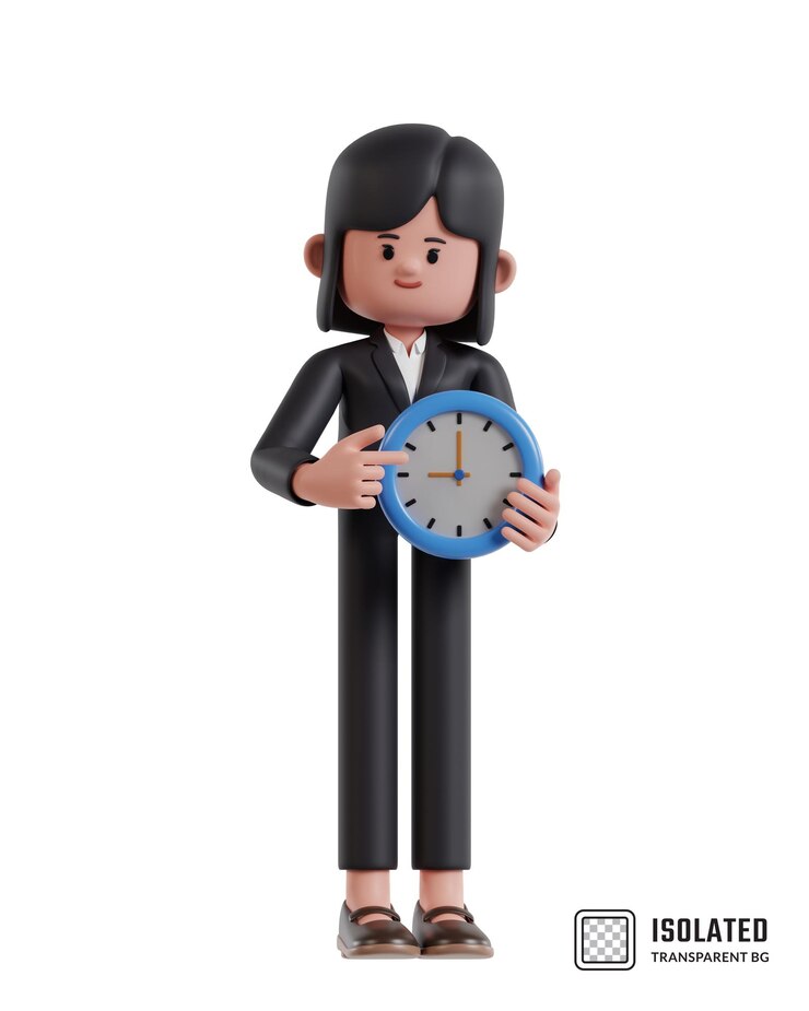 PSD 3d illustration of cartoon businesswoman holding clock