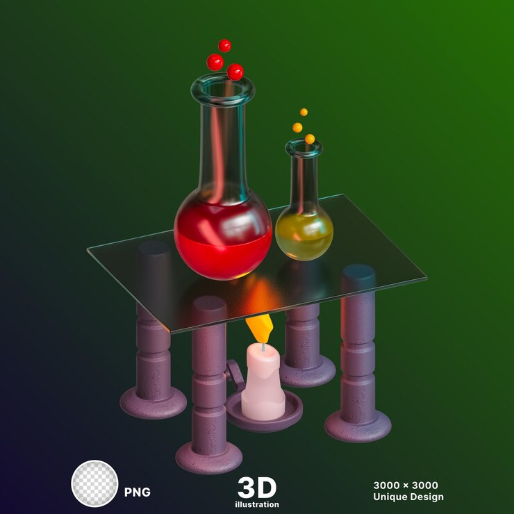 PSD 3d illustration of chemical tubes kept for experiment with candle below in transparent background