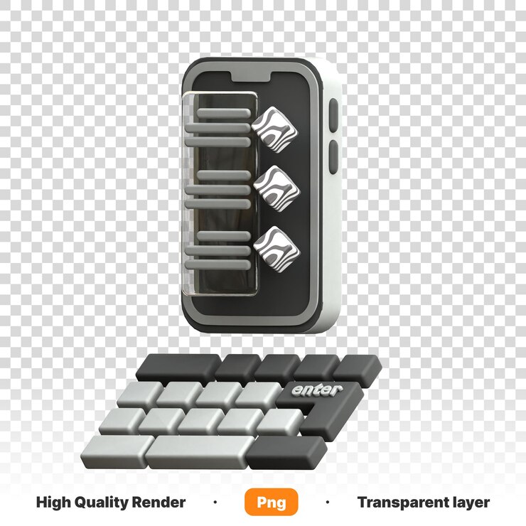 3D illustration of computer screen with a computer keyboard on it transparent background